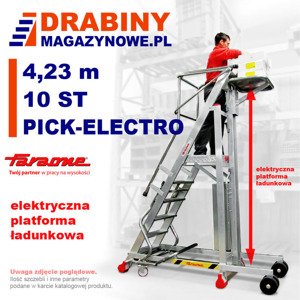 Drabina magazynowa DRABMAG jezdna PICK-ELECTRO 4,23m  z elektrycznym podestem ładunkowym 10-stopniowa